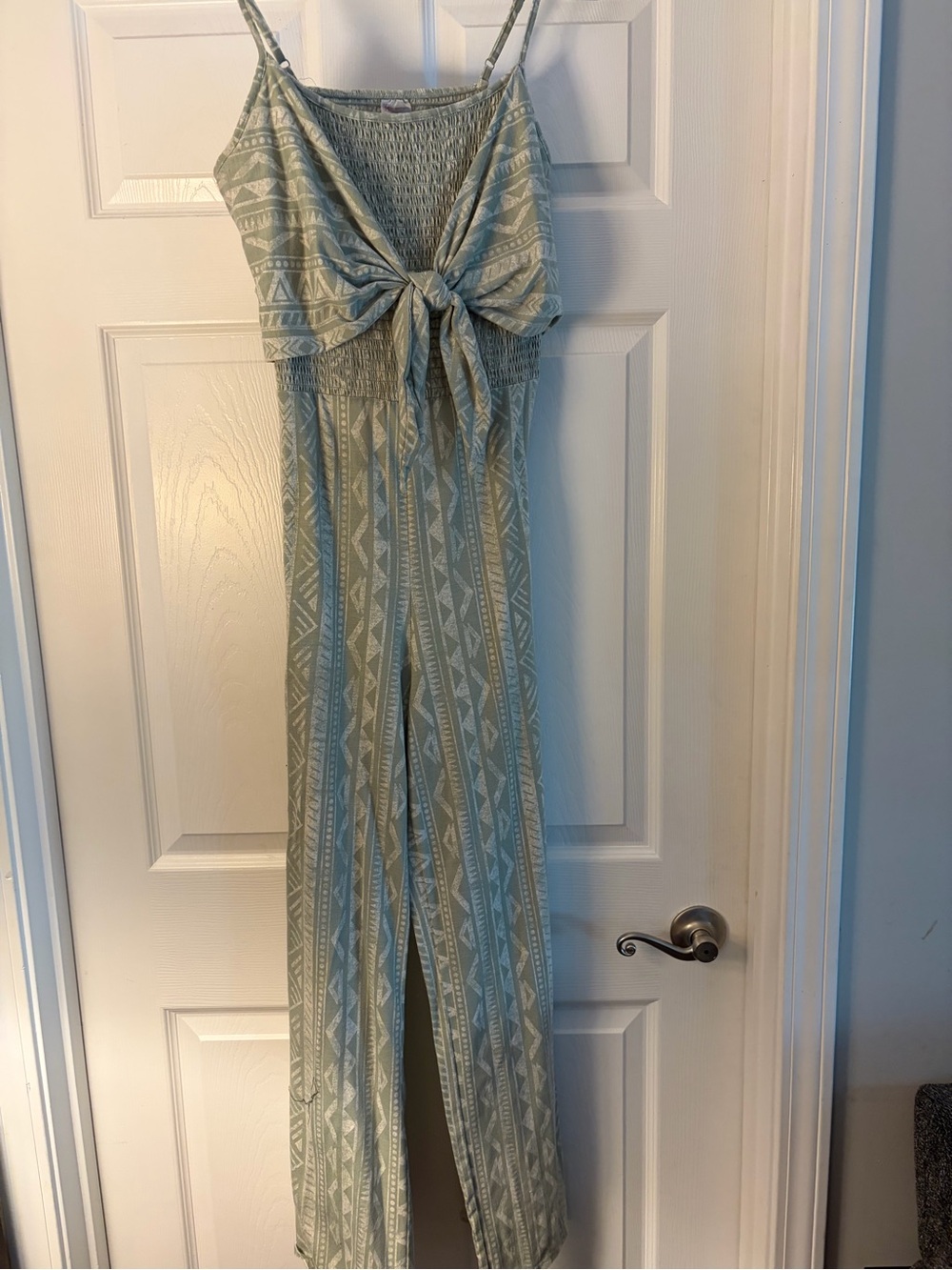 No Boundaries Sage Green Patterned Tie-Front Jumpsuit